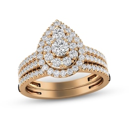 1 CT. T.W. Diamond Double Pear-Shaped Frame Multi-Row Bridal Set in 14K Rose Gold