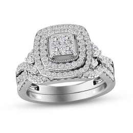 1 CT. T.W. Princess-Cut Quad Diamond Double Cushion Frame Multi-Row Twist Shank Bridal Set in 14K White Gold