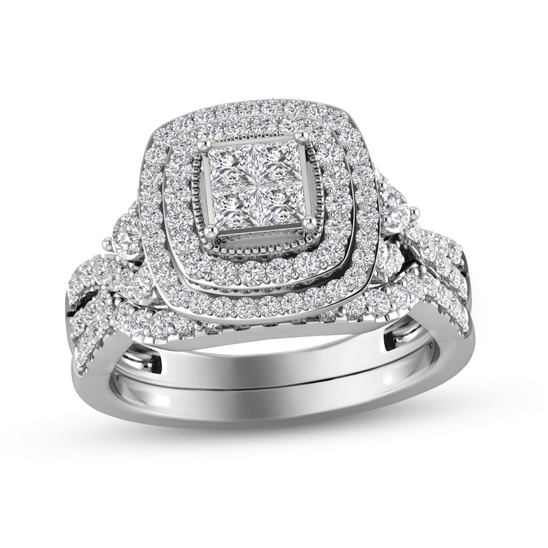 Main Image 1 of 1 CT. T.W. Princess-Cut Quad Diamond Double Cushion Frame Multi-Row Twist Shank Bridal Set in 14K White Gold