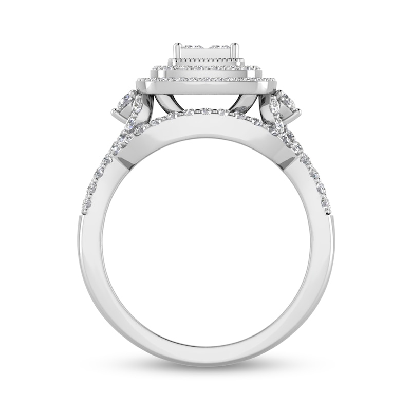 Main Image 3 of 1 CT. T.W. Princess-Cut Quad Diamond Double Cushion Frame Multi-Row Twist Shank Bridal Set in 14K White Gold