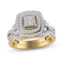 1 CT. T.W. Princess-Cut Quad Diamond Double Cushion Frame Multi-Row Twist Shank Bridal Set in 14K Gold