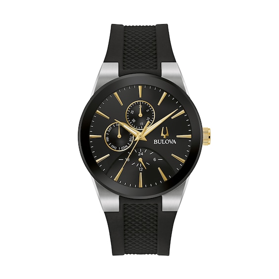 Men's Bulova Millennia Black IP and Gold-Tone Strap Watch with Black Dial (Model: 98C146)