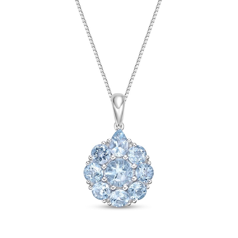 Main Image 1 of Pear-Shaped and Round Aquamarine Flower Drop Pendant in 10K White Gold