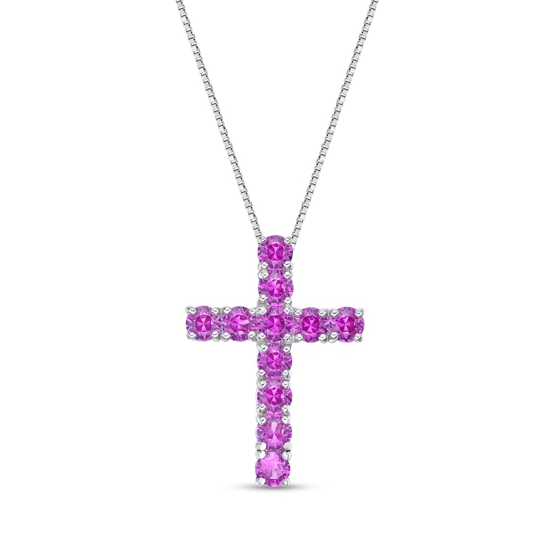 Main Image 1 of 3.5mm Pink Lab-Created Sapphire Cross Pendant in Sterling Silver