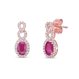 Oval Ruby and 1/4 CT. T.W. Diamond Loop Frame Doorknocker Drop Earrings in 10K Rose Gold