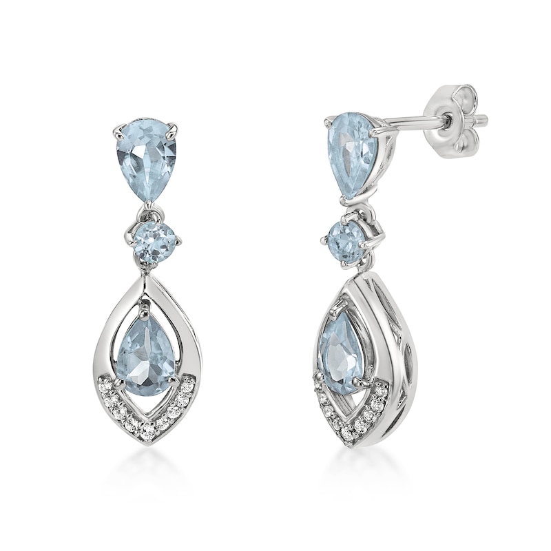 Main Image 1 of Pear-Shaped and Round Aquamarine with White Topaz Frame Triple Drop Earrings in Sterling Silver