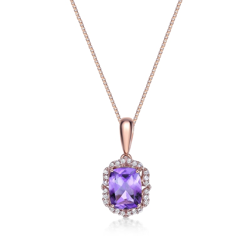 Main Image 1 of Cushion-Cut Amethyst and White Topaz Quatrefoil Frame Pendant in Sterling Silver with 18K Rose Gold Plate