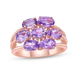 Sideways Oval Amethyst Seven Stone Triple Row Split Shank Flower Ring in Sterling Silver with 18K Rose Gold Plate