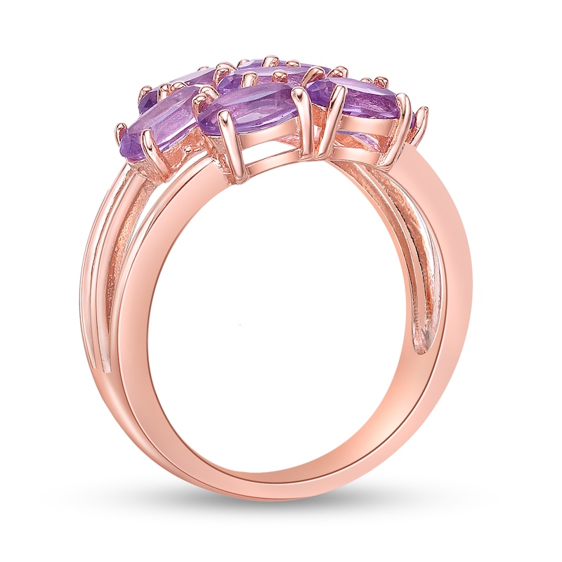 Main Image 2 of Sideways Oval Amethyst Seven Stone Triple Row Split Shank Flower Ring in Sterling Silver with 18K Rose Gold Plate
