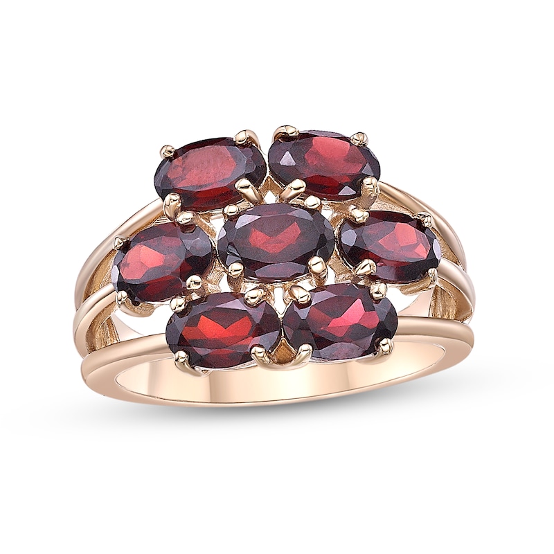 Main Image 1 of Sideways Oval Garnet Seven Stone Triple Row Split Shank Flower Ring in Sterling Silver with 18K Gold Plate