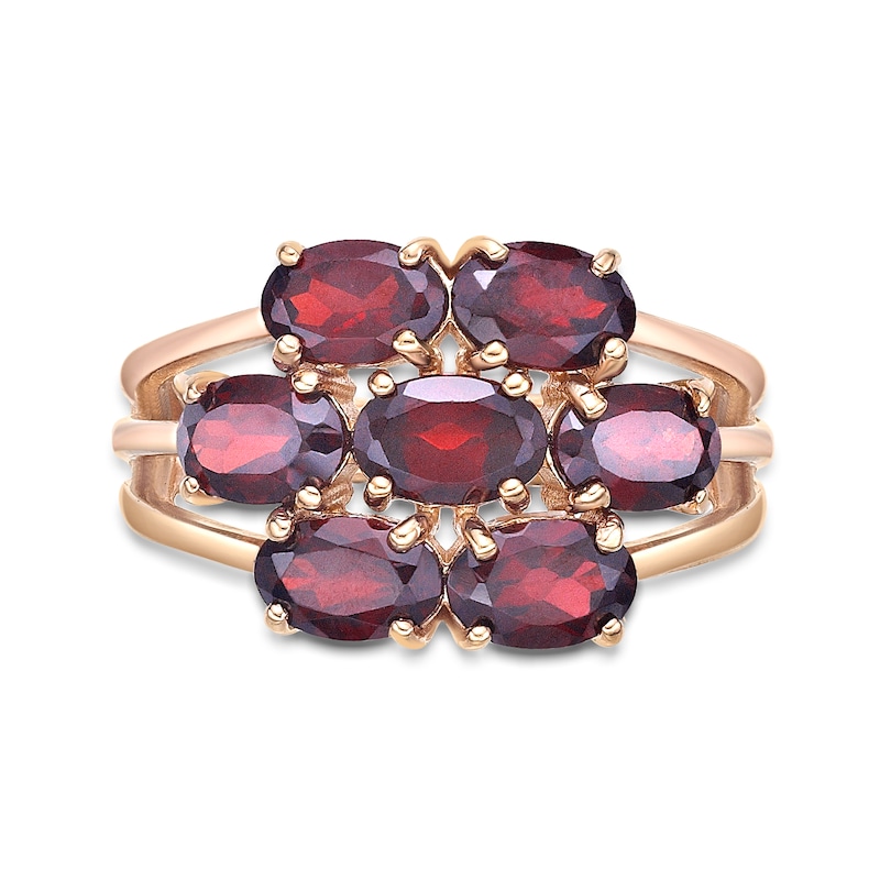 Main Image 4 of Sideways Oval Garnet Seven Stone Triple Row Split Shank Flower Ring in Sterling Silver with 18K Gold Plate