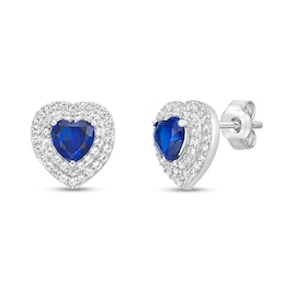 5.0mm Heart-Shaped Blue and White Lab-Created Sapphire Double Frame Stud Earrings in Sterling Silver