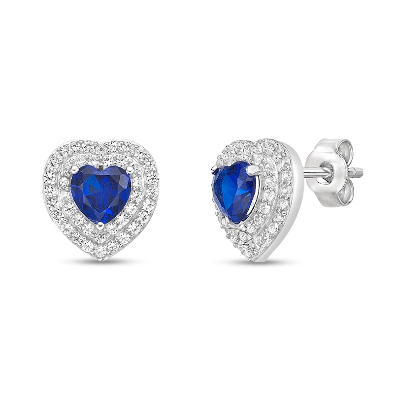 Main Image 1 of 5.0mm Heart-Shaped Blue and White Lab-Created Sapphire Double Frame Stud Earrings in Sterling Silver