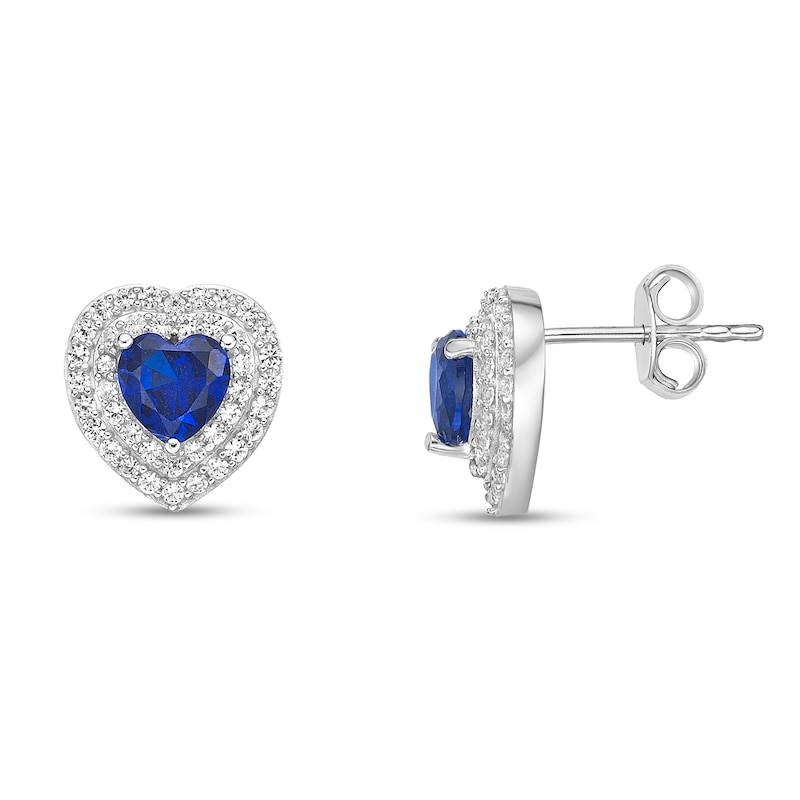 Main Image 2 of 5.0mm Heart-Shaped Blue and White Lab-Created Sapphire Double Frame Stud Earrings in Sterling Silver