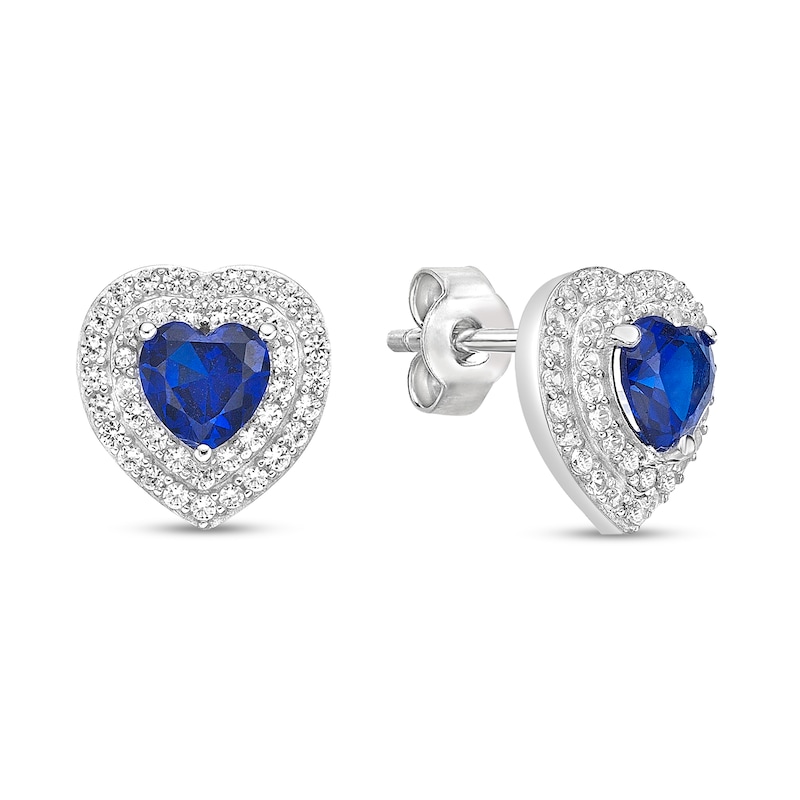 Main Image 3 of 5.0mm Heart-Shaped Blue and White Lab-Created Sapphire Double Frame Stud Earrings in Sterling Silver