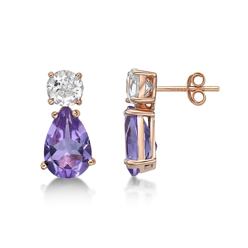 Main Image 2 of Pear-Shaped Amethyst and White Topaz Teardrop Earrings in Sterling Silver with 18K Rose Gold Plate