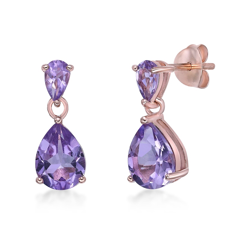 Main Image 1 of Pear-Shaped Amethyst Double Drop Earrings in Sterling Silver with 18K Rose Gold Plate