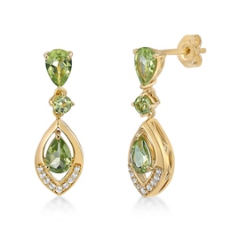 Pear-Shaped and Round Peridot with White Topaz Frame Triple Drop Earrings in Sterling Silver with 18K Gold Plate