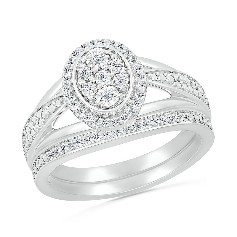 1/5 CT. T.W. Oval Multi-Diamond Frame Triple Row Tapered Split Shank Bridal Set in Sterling Silver