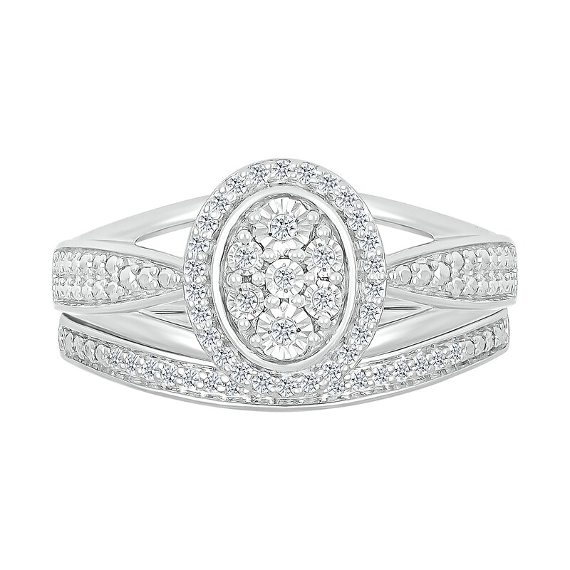 1/5 CT. T.W. Oval Multi-Diamond Frame Triple Row Tapered Split Shank Bridal Set in Sterling Silver