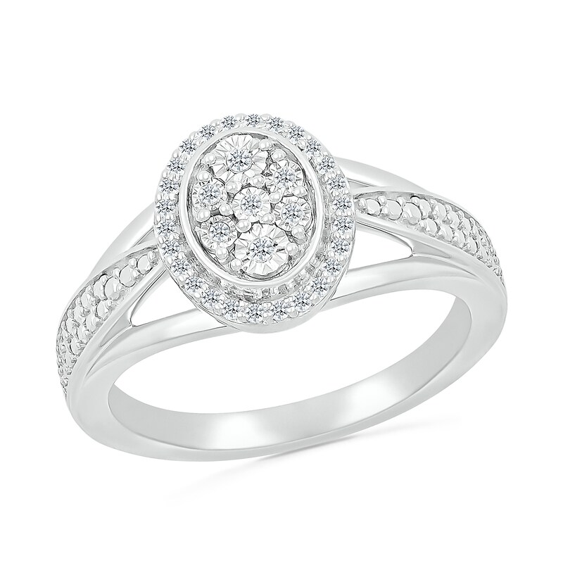 1/5 CT. T.W. Oval Multi-Diamond Frame Triple Row Tapered Split Shank Bridal Set in Sterling Silver