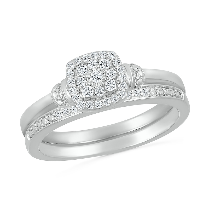 Main Image 1 of 1/5 CT. T.W. Cushion-Shaped Multi-Diamond Frame Double Collar Bridal Set in Sterling Silver