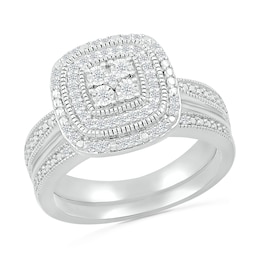 1/4 CT. T.W. Cushion-Shaped Multi-Diamond Double Frame Tapered Shank Vintage-Style Bridal Set in Sterling Silver