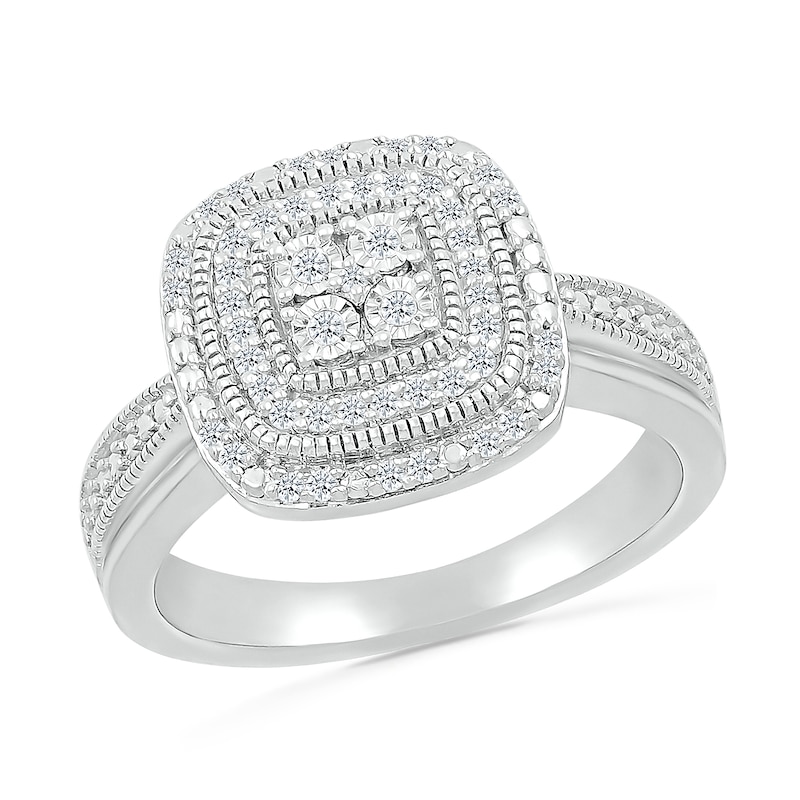Main Image 4 of 1/4 CT. T.W. Cushion-Shaped Multi-Diamond Double Frame Tapered Shank Vintage-Style Bridal Set in Sterling Silver