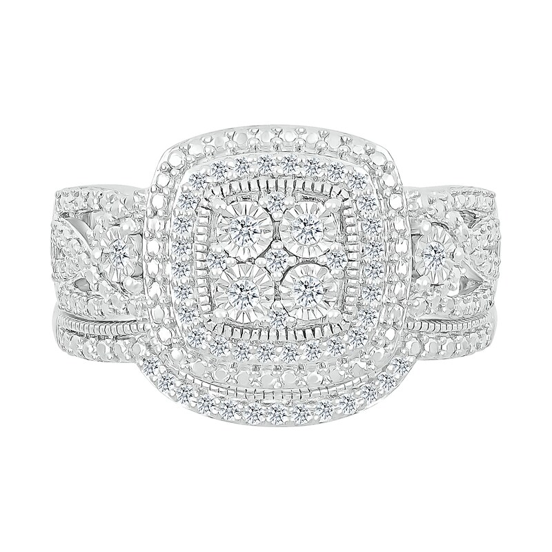 Main Image 3 of 1/4 CT. T.W. Cushion-Shaped Multi-Diamond Double Frame Multi-Row Vintage-Style Bridal Set in Sterling Silver