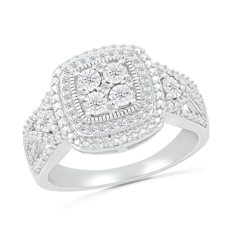 Main Image 4 of 1/4 CT. T.W. Cushion-Shaped Multi-Diamond Double Frame Multi-Row Vintage-Style Bridal Set in Sterling Silver