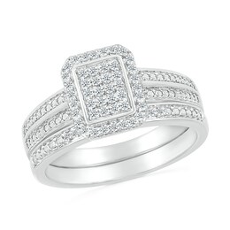 1/4 CT. T.W. Emerald-Shaped Multi-Diamond Octagonal Frame Double Row Bridal Set in Sterling Silver