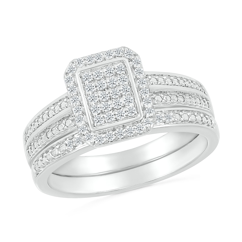 Main Image 1 of 1/4 CT. T.W. Emerald-Shaped Multi-Diamond Octagonal Frame Double Row Bridal Set in Sterling Silver