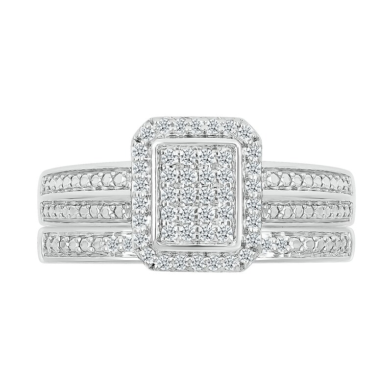 Main Image 3 of 1/4 CT. T.W. Emerald-Shaped Multi-Diamond Octagonal Frame Double Row Bridal Set in Sterling Silver