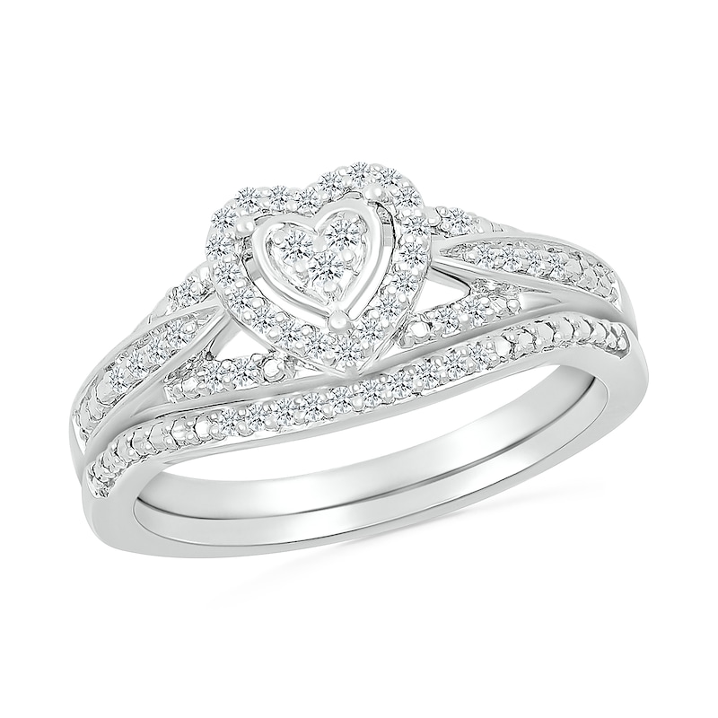 Main Image 1 of 1/5 CT. T.W. Heart-Shaped Multi-Diamond Frame Tapered Shank Bridal Set in Sterling Silver