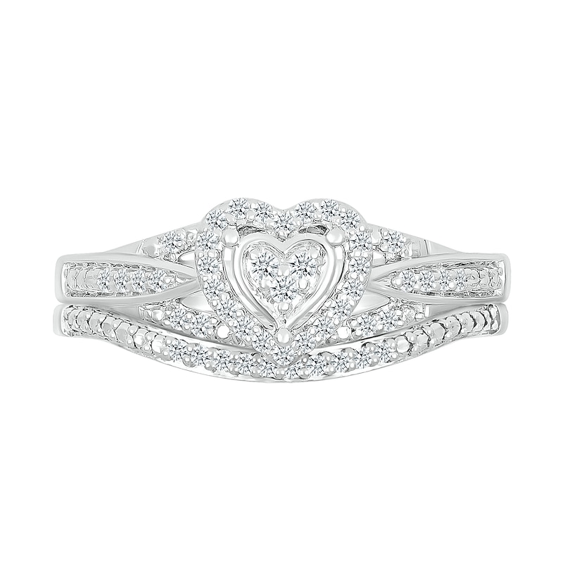 Main Image 3 of 1/5 CT. T.W. Heart-Shaped Multi-Diamond Frame Tapered Shank Bridal Set in Sterling Silver