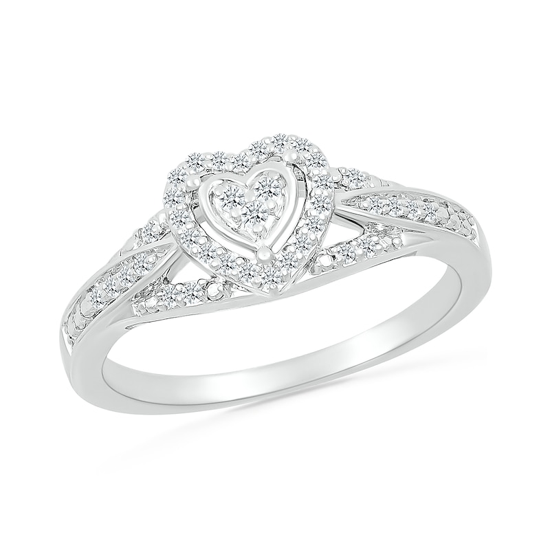 Main Image 4 of 1/5 CT. T.W. Heart-Shaped Multi-Diamond Frame Tapered Shank Bridal Set in Sterling Silver