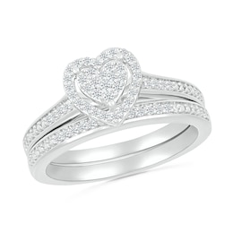 1/4 CT. T.W. Heart-Shaped Multi-Diamond Frame Bridal Set in Sterling Silver