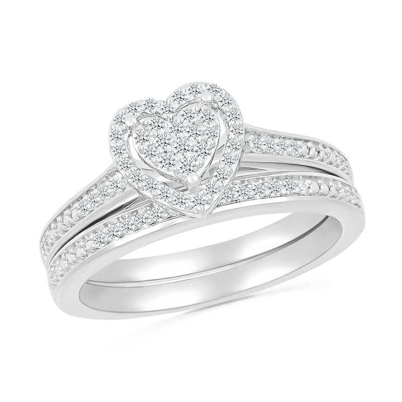 Main Image 1 of 1/4 CT. T.W. Heart-Shaped Multi-Diamond Frame Bridal Set in Sterling Silver