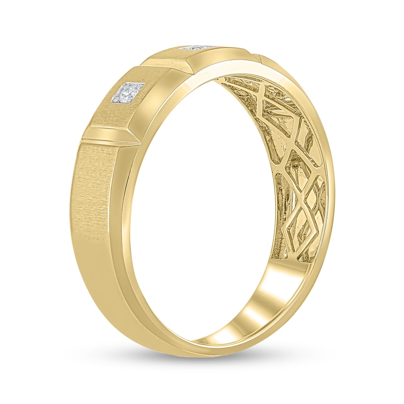 Main Image 3 of Men's 1/20 CT. T.W. Diamond Trio Satin-Finish Block Pattern Band in 10K Gold