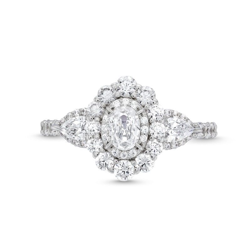 Main Image 4 of 1-1/2 CT. T.W. Oval Diamond Sideways Past Present Future® Engagement Ring in 14K White Gold (I/SI2)