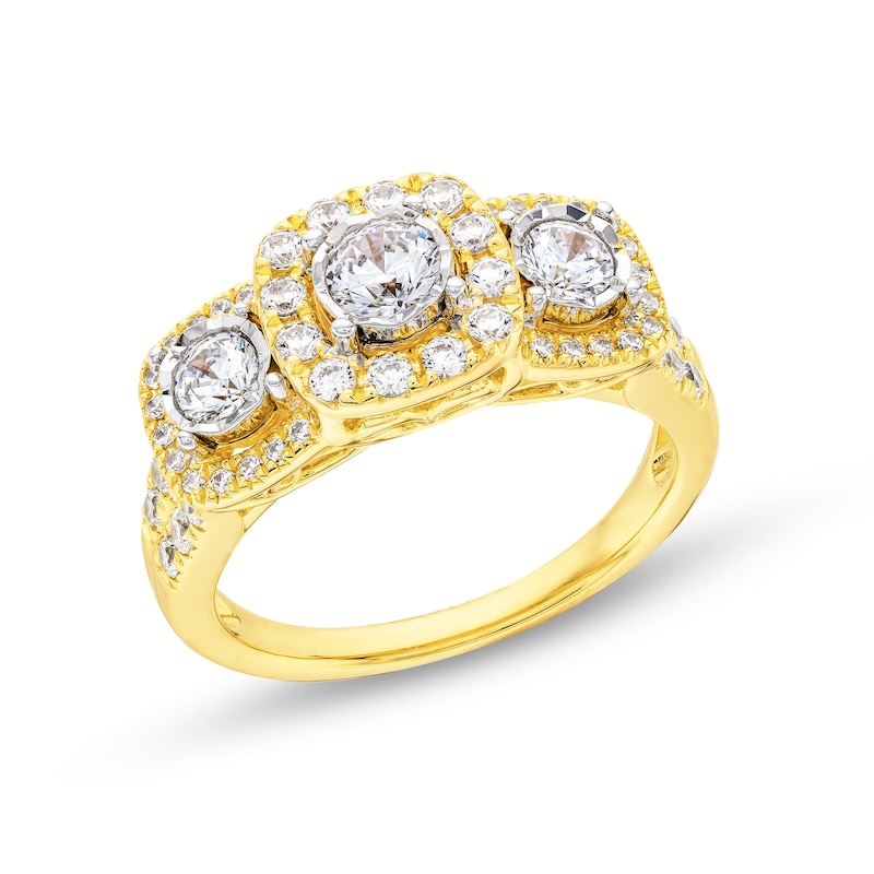 1 CT. T.W. Diamond Cushion Frame Past Present Future® Engagement Ring in 14K Gold (I/I2)