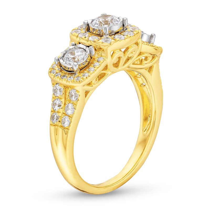 1 CT. T.W. Diamond Cushion Frame Past Present Future® Engagement Ring in 14K Gold (I/I2)