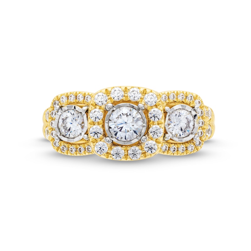 1 CT. T.W. Diamond Cushion Frame Past Present Future® Engagement Ring in 14K Gold (I/I2)