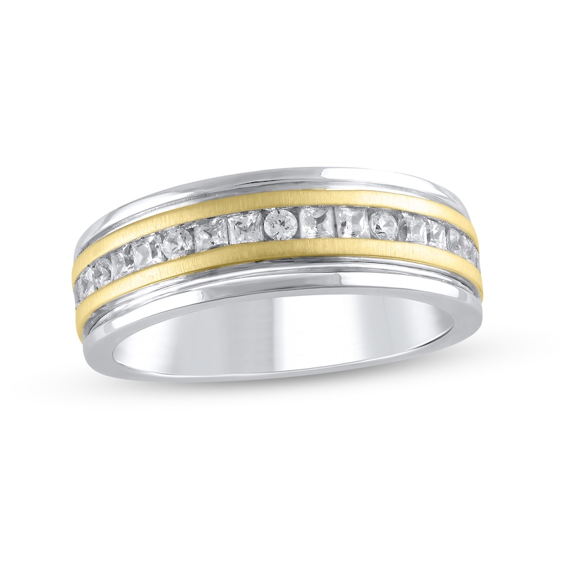 Men's 3/4 CT. T.W. Square-Cut and Round Diamond Channel-Set Double Groove Band in 10K Two-Tone Gold