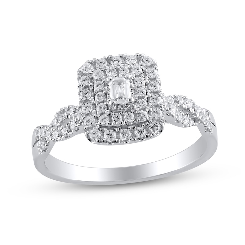 Main Image 1 of 1/2 CT. T.W. Emerald-Cut Diamond Double Frame Twist Shank Engagement Ring in 10K White Gold (I/I1)