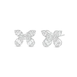 3/4 CT. T.W. Baguette and Round Diamond Butterfly Stud Earrings in Sterling Silver