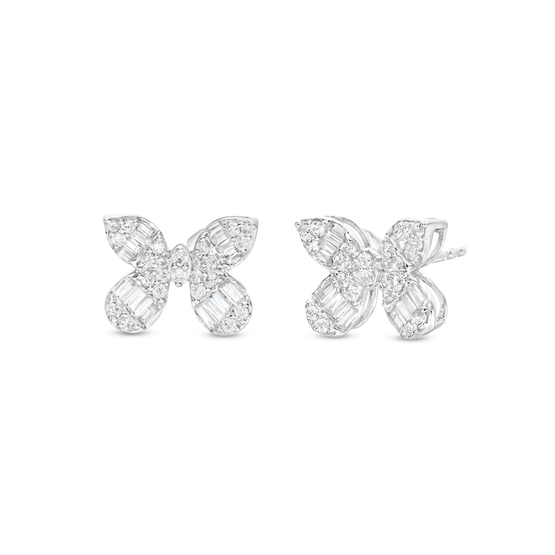 Main Image 1 of 3/4 CT. T.W. Baguette and Round Diamond Butterfly Stud Earrings in Sterling Silver