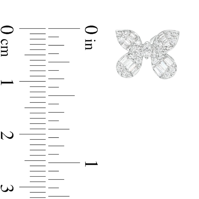 Main Image 3 of 3/4 CT. T.W. Baguette and Round Diamond Butterfly Stud Earrings in Sterling Silver