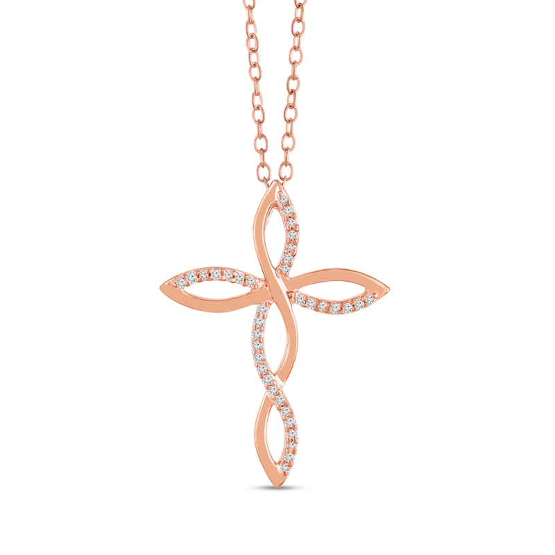 Main Image 1 of 1/6 CT. T.W. Diamond Twist Ribbon Cross Pendant in Sterling Silver with 14K Rose Gold Plate