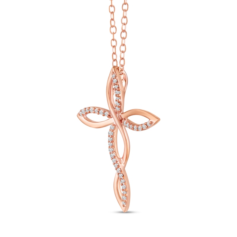 Main Image 4 of 1/6 CT. T.W. Diamond Twist Ribbon Cross Pendant in Sterling Silver with 14K Rose Gold Plate